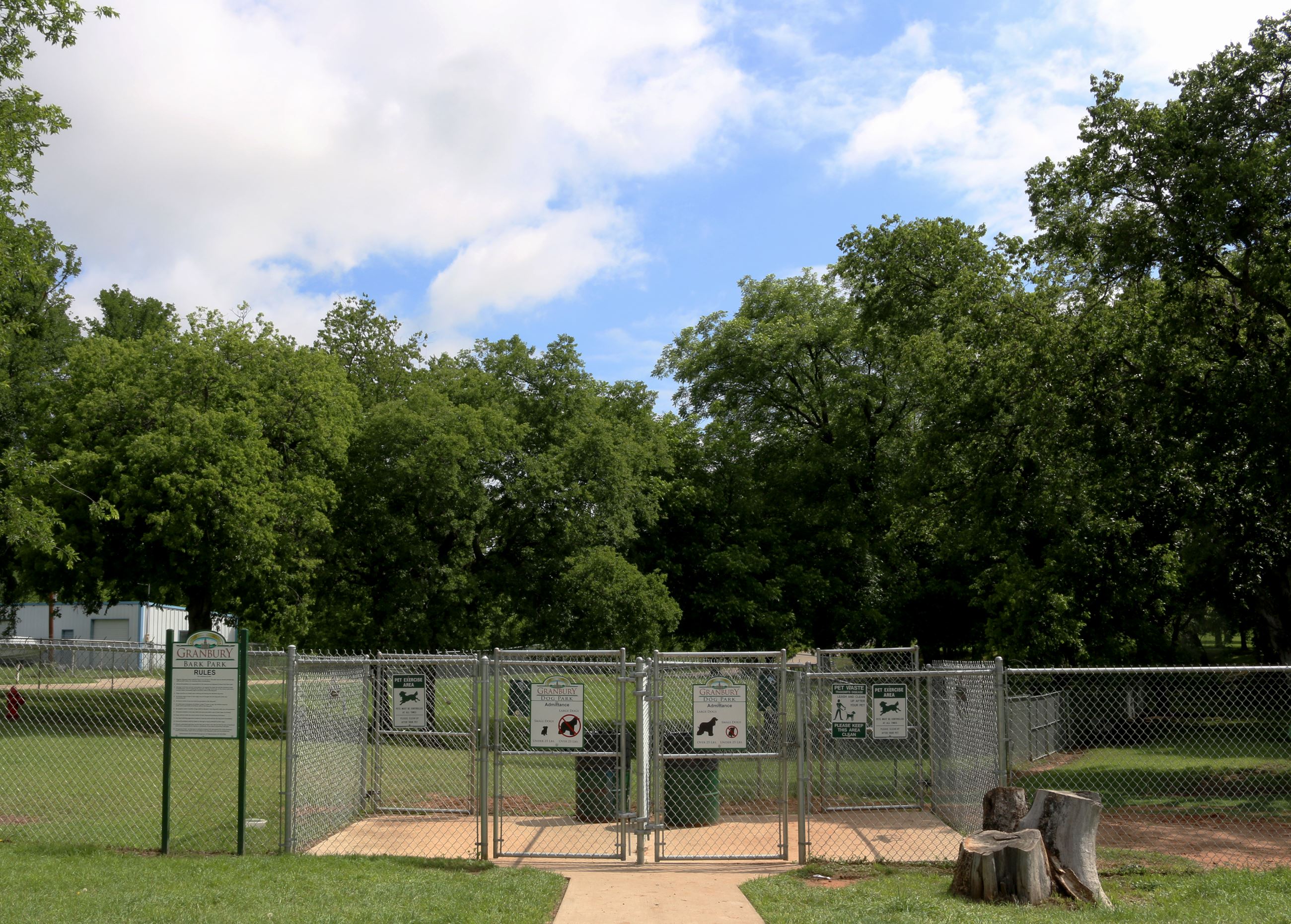 Gates to a small and large dog area at the Granbury Dog Park.